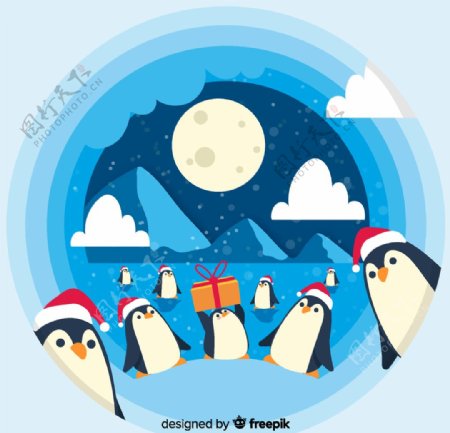 可爱冰川节日企鹅群矢量