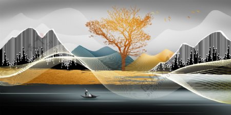 新中式线条手绘意境山水渔船饰画