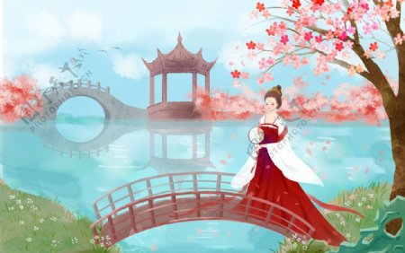 女性国风传统插画卡通背景素材