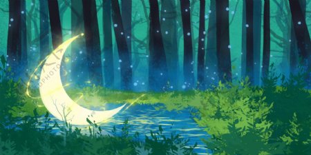 夜晚月亮森林插画合成背景素材