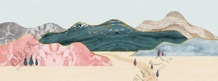 新中式粉色鎏金山水风景装饰画