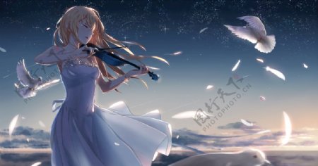优雅唯美拉小提琴的漫画少女