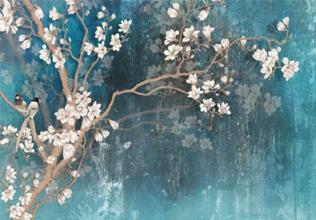 花鸟树木涂鸦抽象装饰画图片