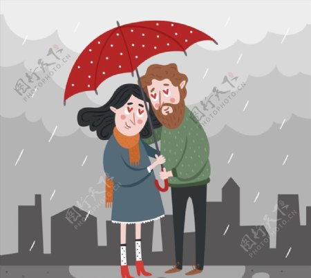 雨中撑伞的情侣图片