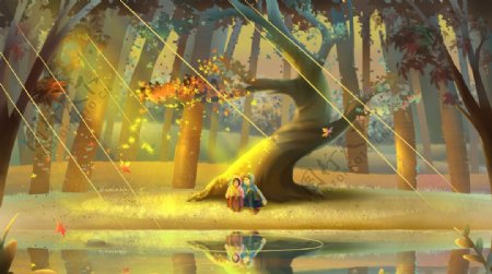 森林梦幻插画卡通背景素材图片
