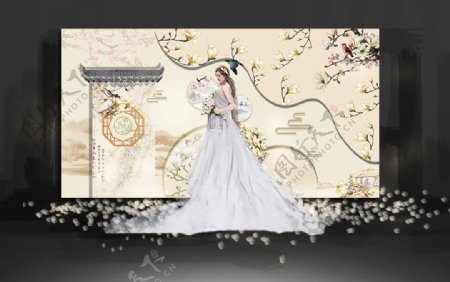 香槟色新中式婚礼迎宾区效果图图片