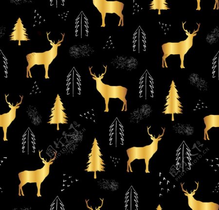 矢量黄金卡通圣诞麋鹿无缝背景图片