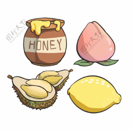 桃子榴莲蜂蜜柠檬手绘素材图片