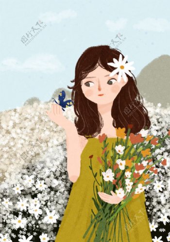 小场景插画花丛里的女孩图片