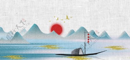 山水复古刺绣效果背景海报素材图片