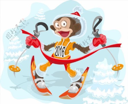 卡通滑雪的猴子图片