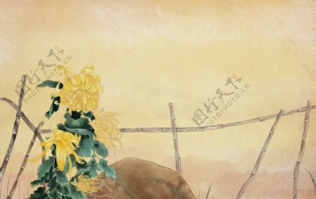 菊花篱笆传统插画背景海报素材图片