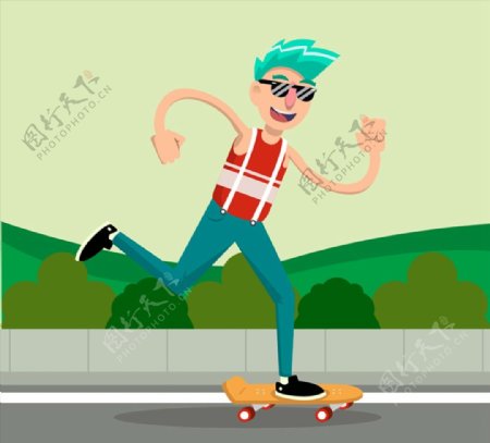 玩滑板的蓝发男子图片