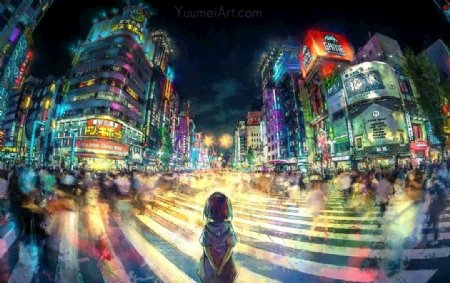 街道灯光风景手绘二次元图片