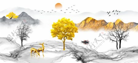 山水金树装饰画图片