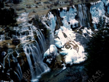 山水瀑布风景油画图片